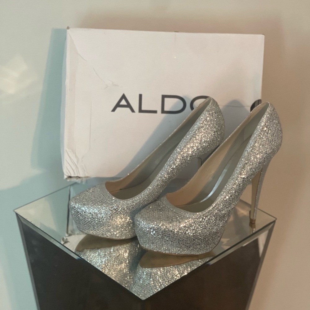 Aldo platform pumps, silver rhinestone.